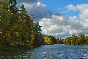 Colorful autumn landscape.Nature background. Marfino, Moscow Region, Russia.