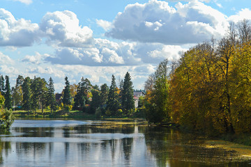 Colorful autumn landscape.Nature background. Marfino, Moscow Region, Russia.