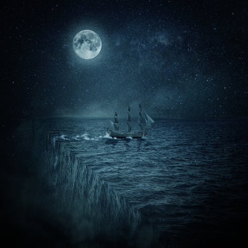 Vintage, old ship sailing lost in the ocean at night. Adventure and journey concept. Parallel universe, multiverse theory