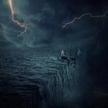 Vintage, old ship sailing lost in the ocean in a stormy night with lightnings in the sky. Adventure and journey concept. Parallel universe, multiverse theory