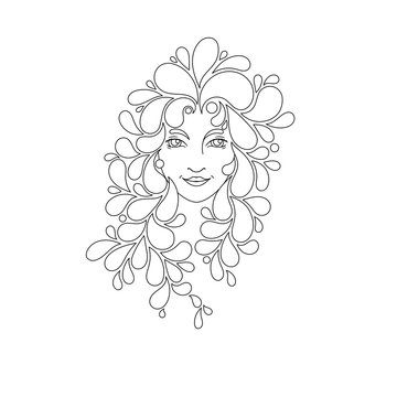 Print for the coloring book. Portrait of a beautiful girl with zentangle locks. Coloring page. Patterned hair.