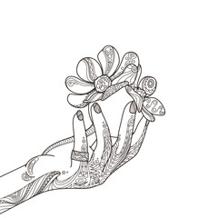 Beauty zentangle woman hand with ring, nails, ball and ornate flowers.