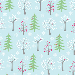winter trees and snowflakes on blue