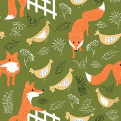 Sly foxes and chickens vector seamless pattern