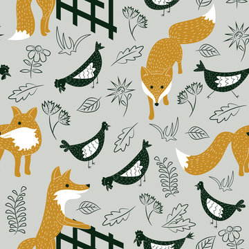 Sly foxes and chickens vector seamless pattern