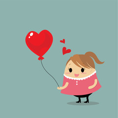 Vector of girl holding the red heart balloon