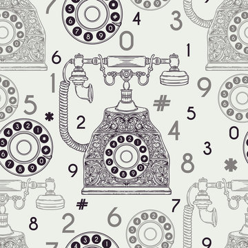 Seamless pattern with vintage phone and numbers. Hand drawn vector illustration