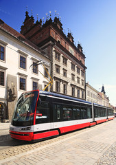 Fototapeta na wymiar Streetcar transportation in downtown Pilsen, Czech Republic