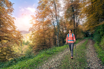 Obraz premium Cheerful young healthy fit sporty hiker woman hiking outside in a forest autumn landscape with sun and sunbeam in the sky. Female.during stroll with backpack and poles in Asturias, Spain, Europe.