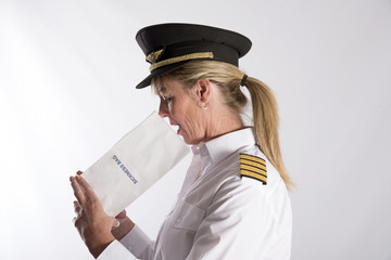 Woman using a sickness bag - September 2016 - A uniformed female pilot feeling nauseous using a...