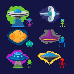 Aliens vector characters. Space invaders monsters with UFO illustration set