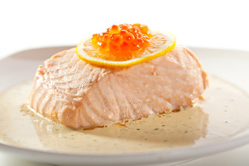 Naklejka na ściany i meble Steamed Salmon with Cream Sauce