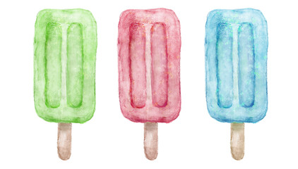 Watercolor ice creams on stick isolated white hand painted illustration