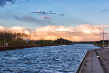 Fototapeta na wymiar Magdeburg Water Bridge, across river Elbe-Havel Canal, stunning engineering construction at sunset light, Saxony, Germany