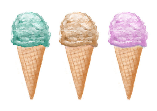 Watercolor colorful ice cream cones isolated hand painted illustration
