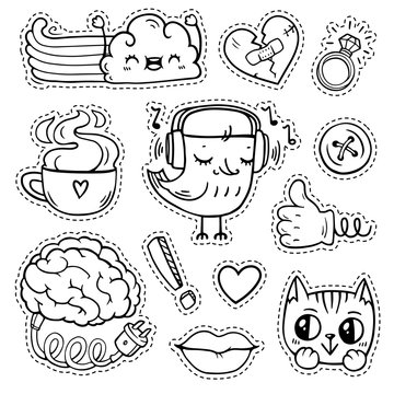 Funny black stickers or pins collection, cute comic characters. Hand drawn  trendy vector illustration Stock Vector
