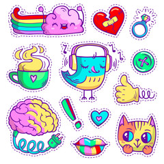 Neon quirky patch badges with fashion elements and cute animals. Hand-drawn stickers in cartoon old comic style. Set with bird, happy cloud, lips, etc. Brain with electric cable for charge. Thumbs-up.