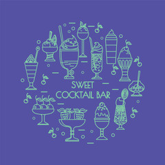 Set of icons of sweet cocktails, desserts, ice cream.
