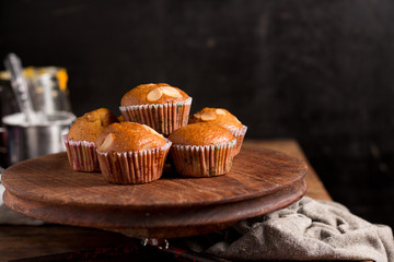 Banana Cake on vintage wooden background. Dark food photo