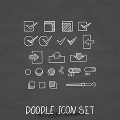 Hand drawn vector icons set website development doodles elements.