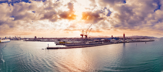 panoramic view of the livorno port on the mediterranean sea at s - obrazy, fototapety, plakaty