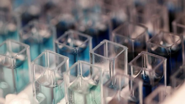 Sample filling in spectrophotometer cuvettes for analysis, close up