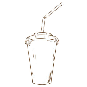 Paper cup with lid and drinking straw. Hand drawn sketch