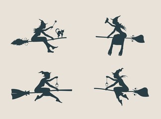 Vector illustration of flying young witches icons set. Witches silhouettes collection. Halloween relative image