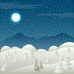 Fototapeta na wymiar Christmas card with snowy landscape and snowman