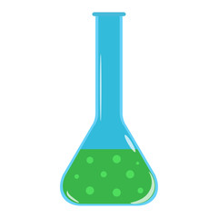 Flat vector image of chemical laboratory glassware with green liquid with bubbles inside
