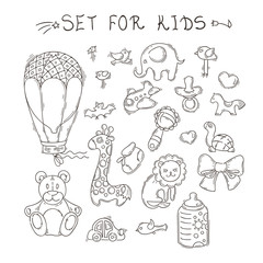 Set of funny doodle toys. Vector stickers collection.