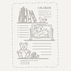Vector doodle page for kids and children. Bookshelf and toys.