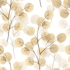 Branches with round leaves. Watercolor background. Seamless pattern 12