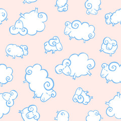 Seamless baby pattern - white sheeps like clouds on a pink backg