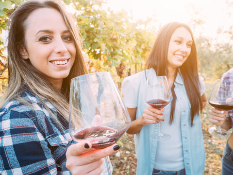 Three young female friends drinking wine in vineyard at sunset