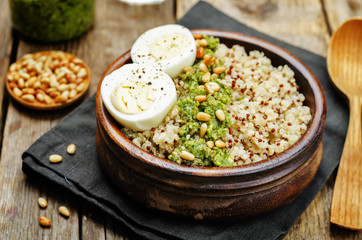 quinoa with kale pesto, pine nuts and eggs