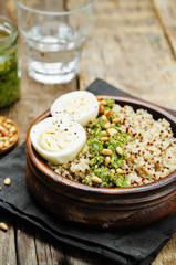 quinoa with kale pesto, pine nuts and eggs