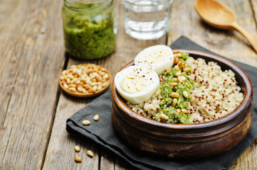 quinoa with kale pesto, pine nuts and eggs