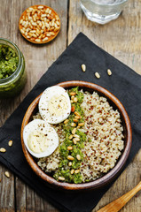 quinoa with kale pesto, pine nuts and eggs