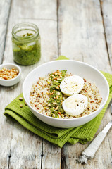 quinoa with kale pesto, pine nuts and eggs