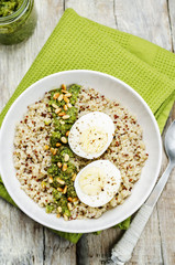 quinoa with kale pesto, pine nuts and eggs