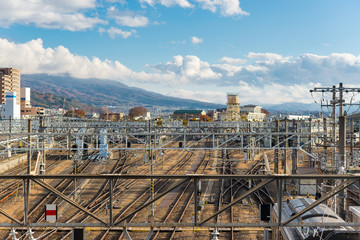 Fototapeta premium Train track line in Matsumoto Station, Japan