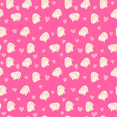 Obraz premium cute rabbit and hearts illustration, seamless pattern on pink background