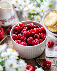 raspberries, berries, berry, breakfast, morning, village, sunny, still life, table, biscuits, bowl