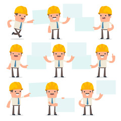 Set of Funny and Cheerful Character Foreman holds and interacts