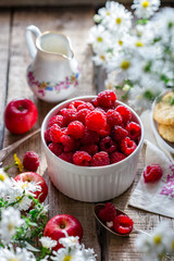 raspberries, berries, berry, breakfast, morning, village, sunny, still life, table, biscuits, bowl