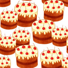 Bright chocolate cake pattern with cherries. Seamless.