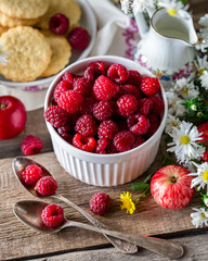 raspberries, berries, berry, breakfast, morning, village, sunny, still life, table, biscuits, bowl