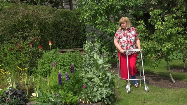 Senior woman with broken ankle uses walking zimmer frame