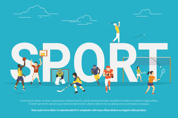 Fototapeta na wymiar Sport concept illustration of young people playing basketball, hockey, golf and football. Flat design of guys and women participating in competition near big letters